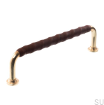 Elongated Furniture Handle 1353 128 Polished Brass with Brown Leather