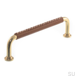 Elongated Furniture Handle 1353 96 Polished Brass with Brown Leather