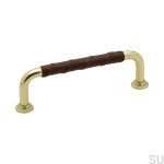 Elongated furniture handle 1353 96 Gold Brass Polished Brown natural leather