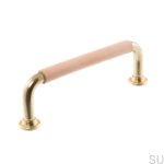 Elongated furniture handle 1353 128 Polished brass with natural leather
