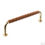 Elongated furniture handle 1353 128 Polished brass with brown leather