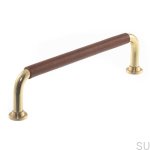 Elongated furniture handle 1353 128 Polished brass with brown leather