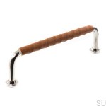 Elongated furniture handle 1353 128 Polished nickel with brown leather