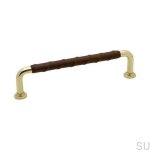 Elongated furniture handle 1353 128 Gold Brass Polished Brown natural leather