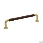 Elongated furniture handle 1353 128 Gold Brass Unpainted Natural brown leather