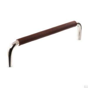 Elongated furniture handle 7353 96 Polished nickel with brown leather