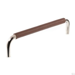 Elongated furniture handle 7353 128 Polished nickel with brown leather