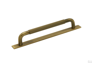Elongated furniture handle with a Helix Stripe 160 washer. Antique bronze