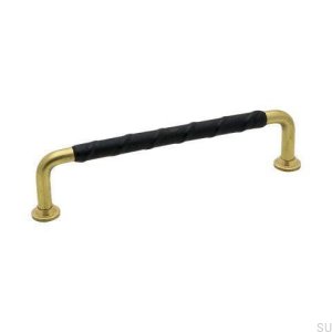Elongated furniture handle 1353 128 Gold Brass Unpainted Black natural leather