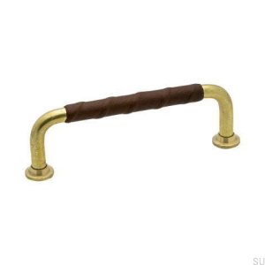 Elongated furniture handle 1353 96 Gold Brass Unpainted Natural brown leather