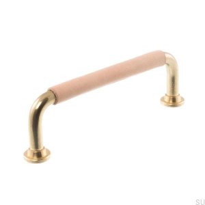 Elongated furniture handle 1353 96 Polished brass with natural leather