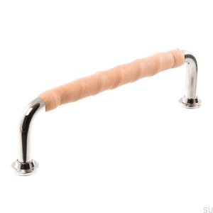 Elongated furniture handle 1353 96 Polished nickel with natural leather