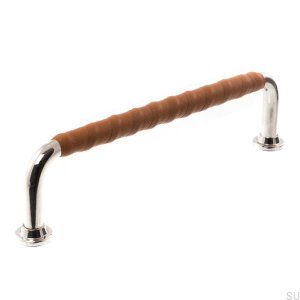 Elongated furniture handle 1353 96 Polished nickel with brown leather