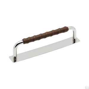 Elongated furniture handle with Royal Deluxe pad 128 Nickel Brown Leather