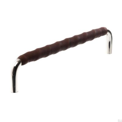 Oblong furniture handle LL 7353 96 Polished nickel with dark brown leather
