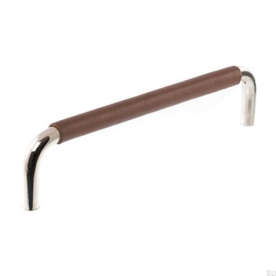 Oblong furniture handle LS 7353 96 Polished nickel with brown leather