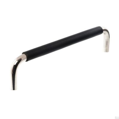 Oblong furniture handle LS 7353 96 Polished nickel with black leather