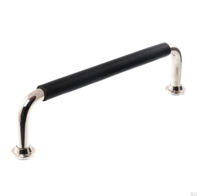 Oblong furniture handle LS 1353 96 Polished Nickel with Black Leather