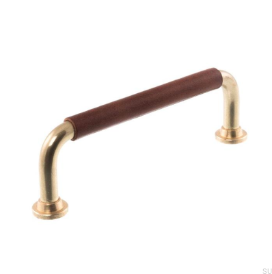 Oblong furniture handle LS 1353 96 Polished Brass with Dark Brown Leather