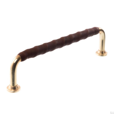 Oblong furniture handle LL 1353 96 Polished Brass with Dark Brown Leather