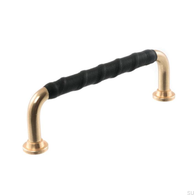 Oblong furniture handle LL 1353 96 Polished Brass with Black Leather