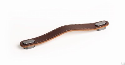 Elongated furniture handle Oblong Brown Leather with Brushed Gray