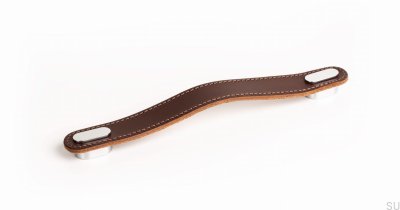 Elongated furniture handle Oblong Brown Leather with Polished Chrome