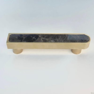 Elongated furniture handle Asymmetrical Rail Brass Brushed Unpainted with Brown Marble
