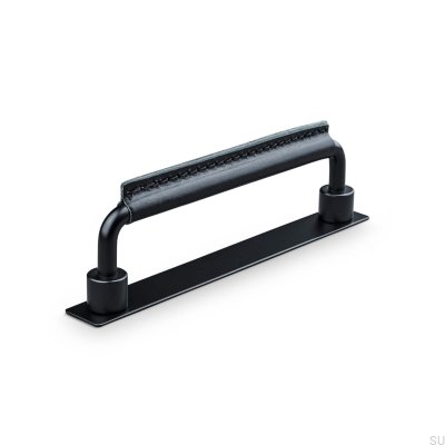 Asissi Stitched 128 oblong furniture handle Matt Black with Black Leather