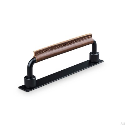 Asissi Stitched 128 oblong furniture handle Matt Black with Brown Leather