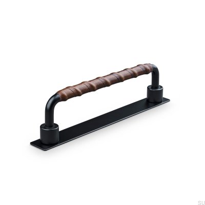 Asissi Wrapped 128 oblong furniture handle, Matt Black with Brown Leather