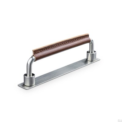 Asissi Stitched 128 oblong furniture handle Silver Brushed with Brown Leather