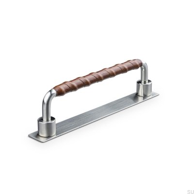 Asissi Wrapped 128 oblong furniture handle Silver Brushed with Brown Leather