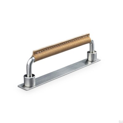Asissi Stitched 128 Silver Brushed Furniture Handle with Light Brown Leather