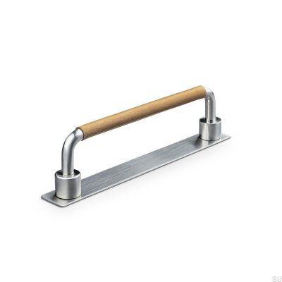 Asissi Swept 128 oblong furniture handle Silver Brushed with Light Brown Leather