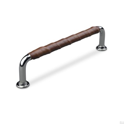 Burano Wrapped 128 oblong furniture handle, Polished Chrome with Brown Leather