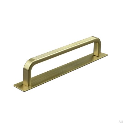 Oblong furniture handle with Gardone Stripe 128 brushed gold pad