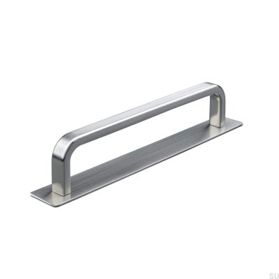 Oblong furniture handle with Gardone Stripe 128 brushed silver pad