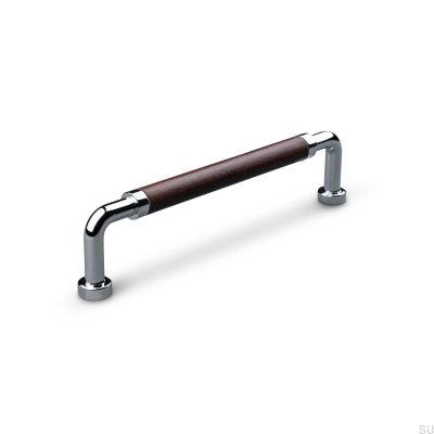 Oblong furniture handle Posta Swept 128 Polished Chrome with Brown Leather