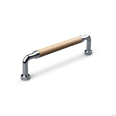 Oblong furniture handle Posta Swept 128 Polished Chrome with Light Brown Leather
