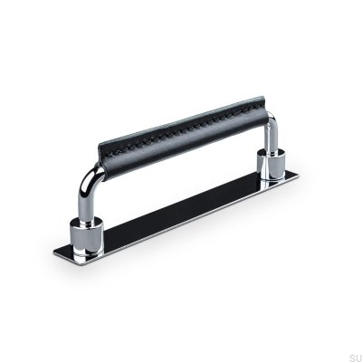 Asissi Stitched 128 oblong furniture handle Polished Chrome with Black Leather