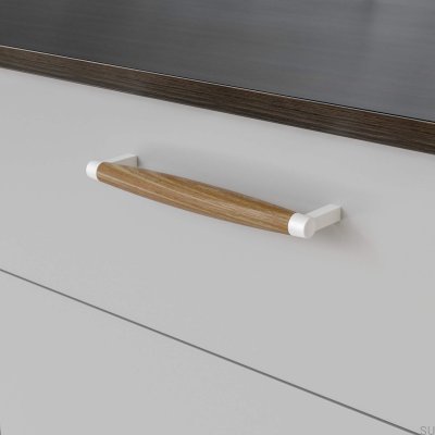 Hjo 192 oblong furniture handle, Matt White Metal with Oak Wood