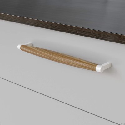 Hjo 256 oblong furniture handle, Matt White Metal with Oak Wood