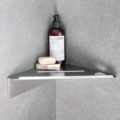 Base corner bathroom shelf, brushed steel