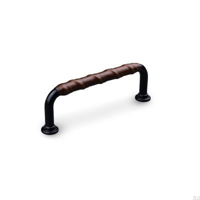Burano Wrapped 96 oblong furniture handle, Metal Black with Brown Leather