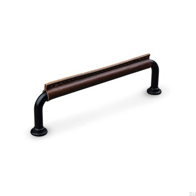  Burano Stitched 128 oblong furniture handle, black metal with brown leather