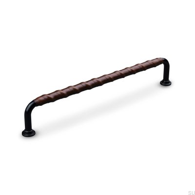 Burano Wrapped 192 oblong furniture handle, black metal with brown leather