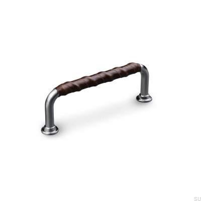 Burano Wrapped 96 oblong furniture handle Silver Brushed with Brown Leather