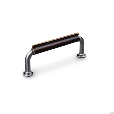 Oblong furniture handle Burano Stitched 96 Brushed Silver with Brown Leather