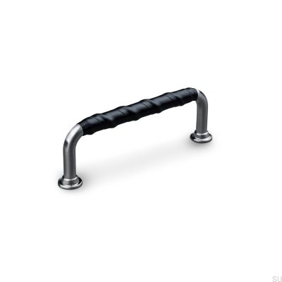 Burano Wrapped 96 oblong furniture handle Brushed Silver with Black Leather